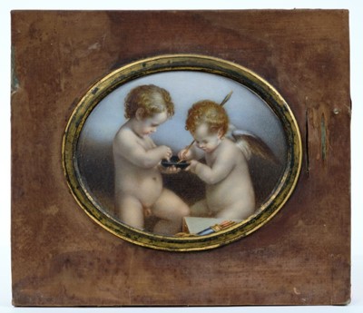 Lot 849 - 19th century oval miniature watercolour on ivory - two putti, in gilt mounted frame