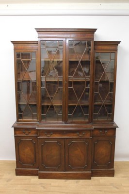 Lot 1418 - Good 19th century mahogany breakfront bookcase with Greek key cornice above astragal glazed doors and drawers and cupboards below