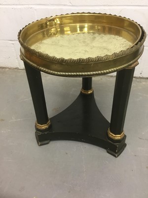 Lot 1516 - Empire style brass and green painted table, the circular top with removable tray, raised on facetted supports and triangular platform base,  45cm diameter x 51cm high