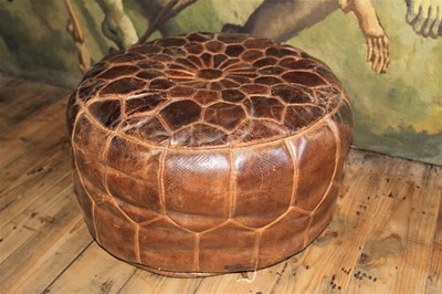 Lot 1519 - Large vintage brown leather pouffe, approximately 58cm diameter