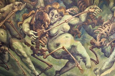 Lot 1599 - Mary Krishna (1909-1968) monumental oil on canvas - Dance of Life and Death, signed, titled verso, unframed, 173cm x 298cm