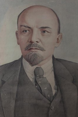 Lot 1601 - Early 20th century coloured pencil, charcoal and watercolour portrait of Vladimir Lenin, in glazed frame, 77.5cm x 57.5cm