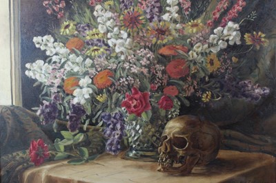 Lot 1604 - Ian T Morison, 1940s oil on canvas - Still Life of Summer Flowers and a Skull, signed and dated 1940, framed, 70cm x 90cm