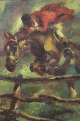 Lot 196 - Mid 20th century English School oil on canvas - hunting figure clearing a jump, in gilt frame, 53cm x 41cm