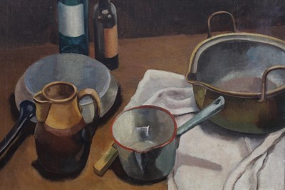 Lot 1607 - Kenworthy, mid 20th century, oil on canvas - still life of saucepans and bottles, signed, unframed, 77cm x 76cm