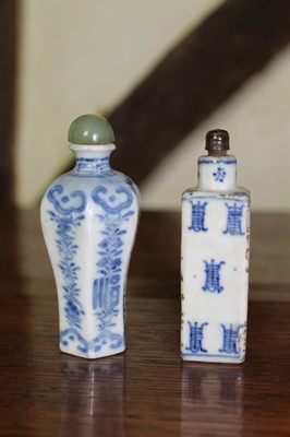 Lot 1535 - Two 19th century Chinese blue and white porcelain snuff bottles, the tallest 9cm high