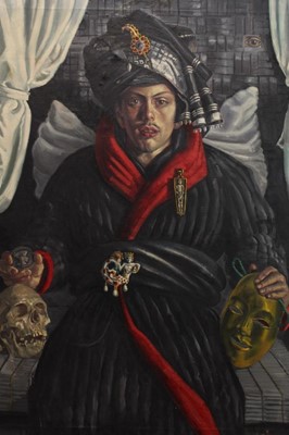 Lot 1610 - Robinson, mid 20th century, oil on canvas - portrait of a bejewelled theatrical figure, seated wearing a turban, a scull beside and, signed, unframed, 102cm x 76cm