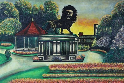 Lot 147 - Mid 20th century oil on board - The Lion Statue, indistinctly signed, framed, 40cm x 49cm