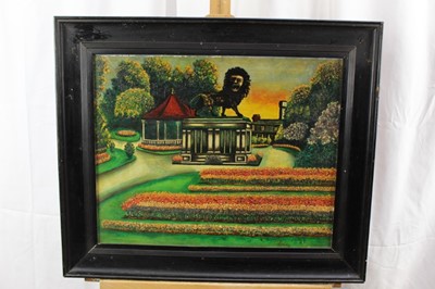 Lot 139 - Mid 20th century oil on board - The Lion Statue, indistinctly signed, framed, 40cm x 49cm