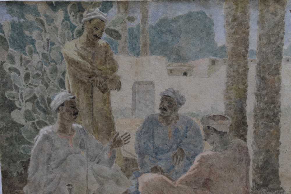 Lot 1614 - Early 20th century, English School, watercolour - figures conversing Cairo, unframed, 46cm x 56cm