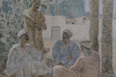 Lot 1614 - Early 20th century, English School, watercolour - figures conversing Cairo, unframed, 46cm x 56cm