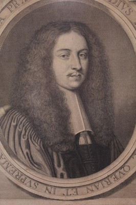 Lot 1615 - 18th century black and white portrait engraving within an oval, in good maple veneered frame, 49cm x 41cm overall