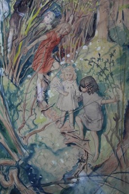 Lot 1617 - Mark Lancelot Symons (1887-1935) pencil and watercolour illustration - figures in woodland, in glazed frame, 36.5cm x 24cm. Inscribed verso 'Bought for sale 1930s, 77 Church Street W8. Taken from f...