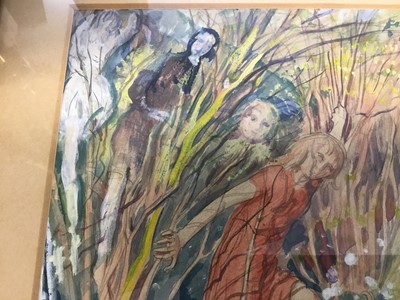 Lot 1617 - Mark Lancelot Symons (1887-1935) pencil and watercolour illustration - figures in woodland, in glazed frame, 36.5cm x 24cm. Inscribed verso 'Bought for sale 1930s, 77 Church Street W8. Taken from f...