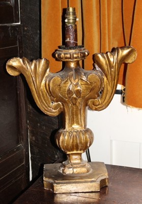 Lot 1549 - 18th/19th century Italian giltwood candlestick, converted into a lamp, 50cm high