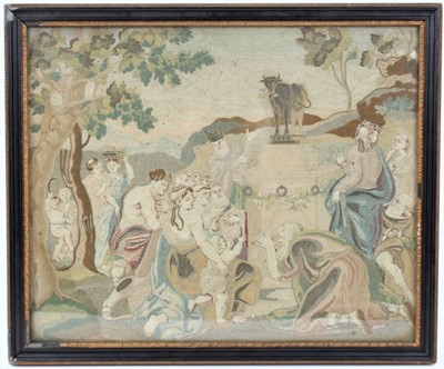 Lot 126 - 18th century silkwork picture, with depiction of classical figures around a tomb, 32 x 39cm