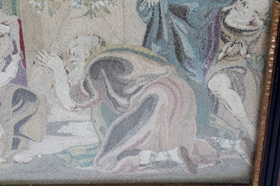 Lot 312 - 18th century silkwork picture, with depiction of classical figures around a tomb, 32 x 39cm