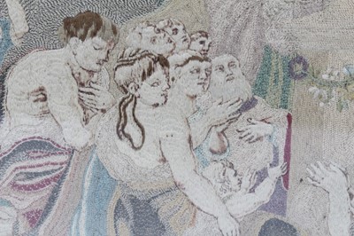 Lot 312 - 18th century silkwork picture, with depiction of classical figures around a tomb, 32 x 39cm