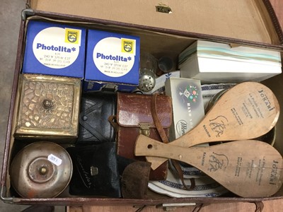 Lot 110 - Vintage suitcase containing brass tea caddy, copper tea caddy, vintage camera, ceramics and sundries
