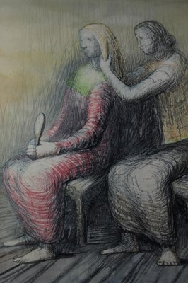 Lot 1621 - Henry Moore (1898-1986) coloured lithograph - Woman Having her Hair Combed, 1949, framed, 57cm x 55cm