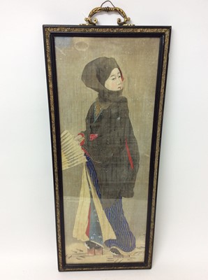 Lot 1558 - Early 20th century Japanese painting on silk, lady in the snow with parasol, in glazed period frame, overall size 79 x 33cm