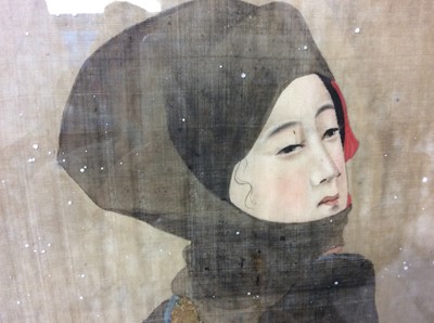 Lot 1558 - Early 20th century Japanese painting on silk, lady in the snow with parasol, in glazed period frame, overall size 79 x 33cm