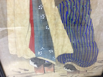 Lot 1558 - Early 20th century Japanese painting on silk, lady in the snow with parasol, in glazed period frame, overall size 79 x 33cm