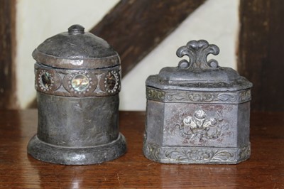 Lot 1562 - Arts and Crafts and lead abalone inlaid tobacco jar and cover, of domed cylindrical form, 12cm high together with Regency lead tobacco jar and cover