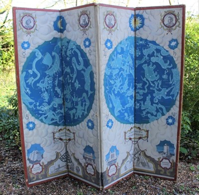 Lot 1579 - Highly unusual early 20th century four fold painted canvas screen, handpainted with northern and Southern Hemisphere constellations and, portraits of famous astronomers and observatories, each pane...