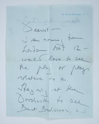 Lot 1582 - Two page informal letter from Marlene Dietrich to Noel Coward 'Dearest, I am coming to London May 12 - would love to see the play or plays, whatever is on....thank ya for seeing the guy, you can ma...