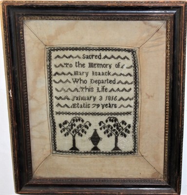 Lot 1585 - George III mourning sampler, to the memory of Mary Isaack, 1816, in period glazed frame, total size 29 x 26cm