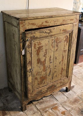 Lot 1624 - Pleasantly distressed 19th century French painted cupboard, enclosed by single panelled door on shaped frieze and square legs 67cm wide x 39cm deep x 96cm high