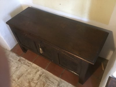 Lot 1625 - Late 17th century carved oak coffer, with moulded plank top and relief carved frieze over triple panel front on stiles, 108cm wide x 43cm deep x 64cm high