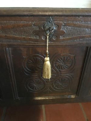 Lot 1625 - Late 17th century carved oak coffer, with moulded plank top and relief carved frieze over triple panel front on stiles, 108cm wide x 43cm deep x 64cm high