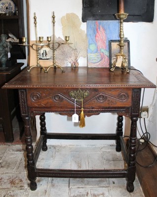 Lot 1628 - 18th century carved oak single drawer side table with relief and chipped cared ornament, on turned and block understructure, 78cm wide x 51cm deep x 68cm high