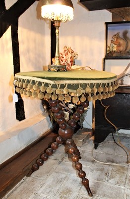 Lot 1630 - Victorian walnut bobbin turned side table with velvet mounted circular top on tripod base, 57cm diameter