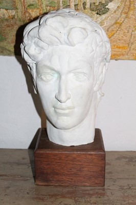 Lot 1652 - Painted plaster head in the Antique tradition, raided on square wooden plinth, total height 44cm