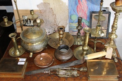 Lot 1658 - Good collection of brass and metalwares to include an Islamic pot and cover, various 18th/19th century candlesticks, pair of brass plinths and other items