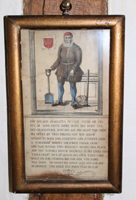 Lot 1663 - 18th century hand coloured engraving depicting a grave digger and didactic verse, in glazed frame, 23cm x 15cm overall