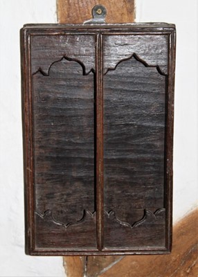 Lot 1664 - 18th century oak wall hanging candle box with two open compartments, 31cm x 20cm