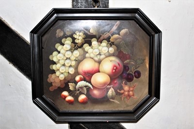 Lot 1665 - William IV painted porcelain plaque depicting still life of fruit and nuts, of canted rectangular form, signed verso J. Stiel Pinxt. Feby 23. 1830, in ebonised frame, total size 36cm x 40cm