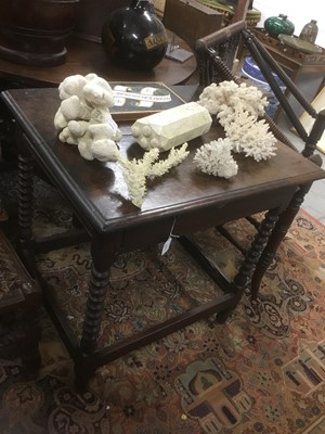 Lot 1676 - Late 17th century oak and fruitwood side table with frieze drawer, on bobbin turned supports joined by stretchers, 70cm wide x 57cm deep x 75cm high