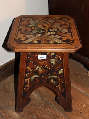 Lot 1677 - Tudor revival painted pyrography beech stool with square canted top, on splayed shaped supports, decorated with scrolling foliate ornament