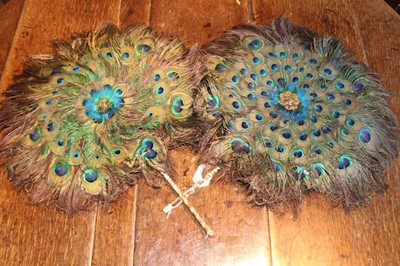 Lot 1704 - Pair of peacock feather face screens, approximately 53cm high