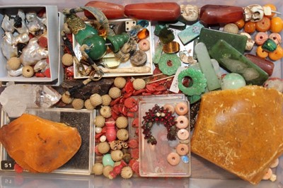 Lot 1708 - Four stacked drawers containing natural history specimens including amber, carnelians, coral and turquoise