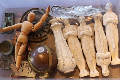 Lot 1719 - Cabinet housing four drawers of sculpture and curios, including attic Greek vase, carved bone alphabet board, carvings, sundries