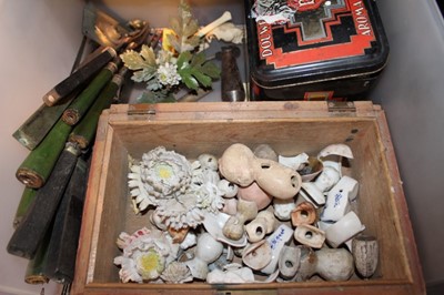 Lot 1728 - Six stacked drawers containing geological specimens, metalware, treen and sundries