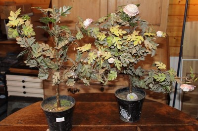 Lot 1731 - Two antique metal and porcelain shrubs, each presented in traditional pot, 53cm high