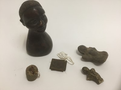 Lot 1740 - Group of antiquities, to include carved stone bust of a male, 4cm high, crude ceramic figure, Romanesque bronze mount, African ceramic bust