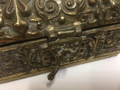 Lot 132 - 18th century Dutch brass tobacco box, elongated rectangular form, engraved to top and bottom with text and figural scenes, 16cm long, together with an 18th / 19th century Continental bronze and gil...